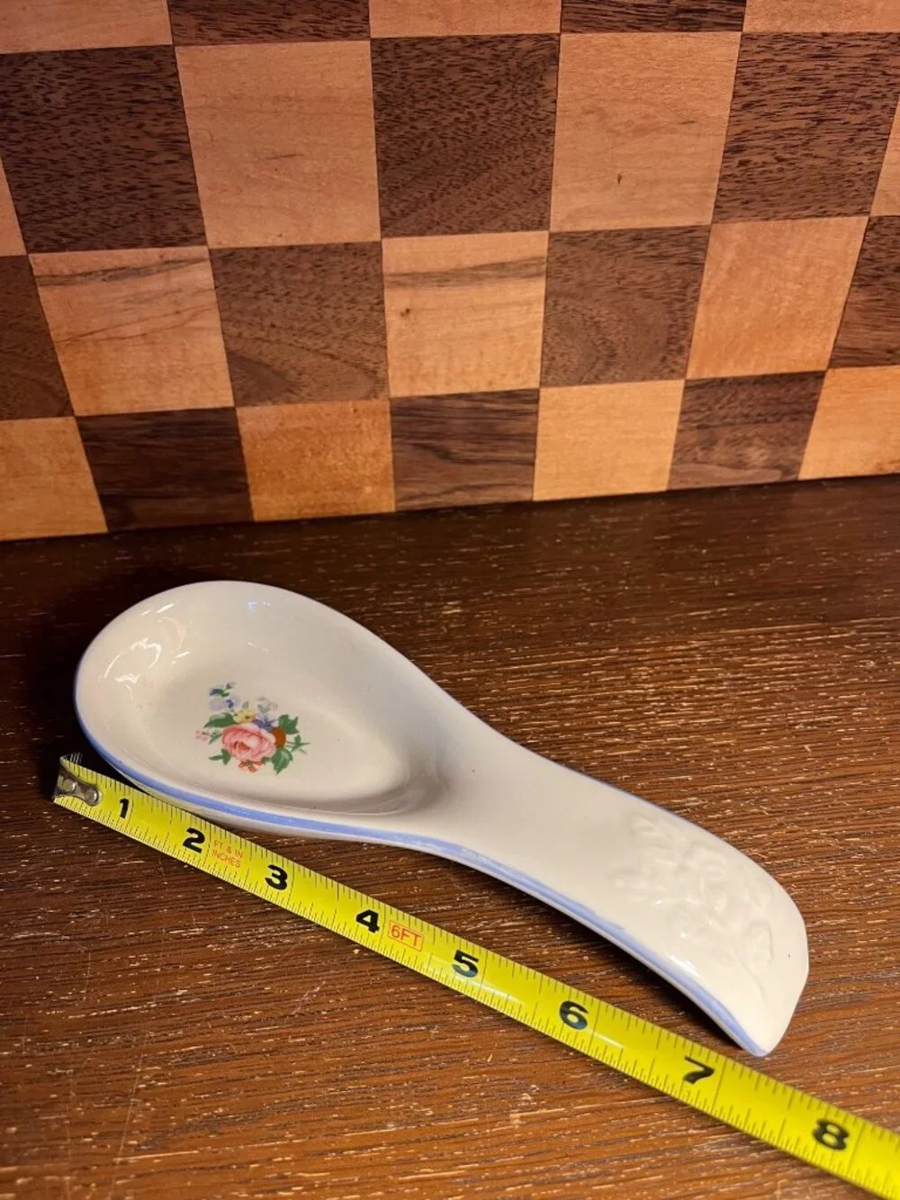 Victorian Rose Tabletops Unlimited Spoon Rest Pink Rose Blue Border A783